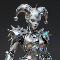 a statue of a court jester with spikes on his head, cyberpunk art concept, holographic metallic polygonal shards, an ultrafine detailed painting by cedric seaut android jones artgerm greg rutkowski gustave dore, cgsociety, intricate platinum cyborg, bionic futurism, fantasy art, angular, trending on zbrush central, darksynth, sharp focus 8 5 mm f 1. 8
