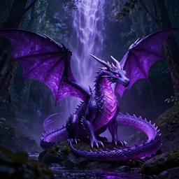 brightly lit fairy dragon in a dim dark forest waterfall purple 4 k raytracing high definition detailed artstation realistic trending dramatic lighting