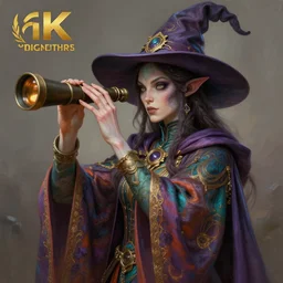 an anthropomorphic beautiful female alien wizard portrait holding a telescope wearing colourful robe, fine art, award winning, intricate, elegant, sharp focus, octane render, hyperrealistic, wizard hat cinematic lighting, highly detailed, digital painting, 8 k concept art, art by jamie hewlett and z. w. gu, masterpiece, trending on artstation, 8 k