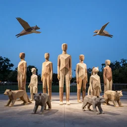 A beautiful art installation of a group of creatures that looks like a mix of different animals. Most of the creatures have human-like features, such as arms and legs, and some are standing upright while others are crawling or flying. flax, blue hour by Pipilotti Rist geometric