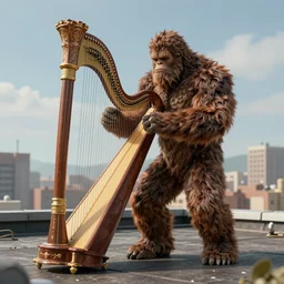 bigfoot playing harph on the rooftop, music, instrument, rpg style, dnd style, ultra detailed, trending on artstation, concept art, octane render, unreal engine,