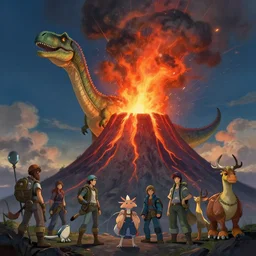 an illustration of a dinosaur, erupting volcano : thomas kinkade hearstone league of legends dofus concept art, style of makoto shinkai, xision, james jean and peter mohrbacher, studio ghibli, artgerm, karol bak, dan mumford global illumination