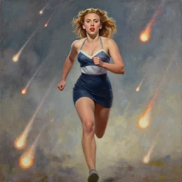 Scarlett Johansson running from falling comets towards the camera, very very very epic painting by Julie Bell