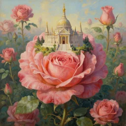 a beautiful and highly detailed painting of a bloomcore temple built on the top leaf of a towering rose on a world of massive scale bloom flora