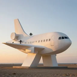 photo of minimalist abstract cubist sculpture of curvy spaceship with random small mecha mayan decorations, covered with few large white airplane parts with windows and doors, sunset lighting at the beach