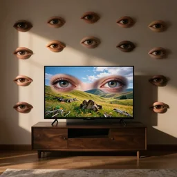 room with TV and nothing else, everywhere eyes and mouthes