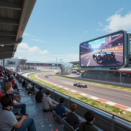 wide angle shot of a futuristic racetrack from the attendee stands with confetti on a sunny day with a clear blue sky and big tv screens in the background showing the car race, cyberpunk, profile shot, digital painting, good value control, unreal engine 5, 8 k, octane render, fourze, realistic textures, wipeout 2 0 4 8, f - zero