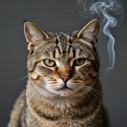 photographic portrait of a wrinkly sad max ernst cat, editorial, spiraling cigarette smoke