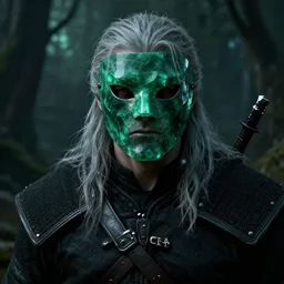 ominous man, wearing mask made of green polished emerald rendered in unreal engine, movie shot from the witcher, dnd universum, dark fantasy, painted by carne griffiths and beksinski
