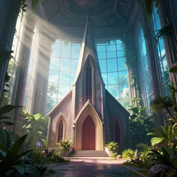 vaporwave chapel, liminal space, high detail, rendered in unreal engine, 3d render, god rays, volumetric lighting, large windows, vegetation