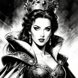 portrait, queen of eternal beauty and Power, black and white comic panel, cover Art, Dynamic lighting, cinematic, establishing shot, extremely high detail, photo realistic, cinematic lighting, pen and ink, intricate line drawings, post processed, concept art, artstation, matte painting, midjourney, style by alex ross, neal adam