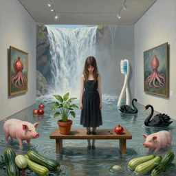 painting of a flooded art gallery and a tall emo girl holding hands, gallery bench seat, potplant, art gallery interior, pigs, courgette, waterfall, pomegranates, octopus, toothbrush, zen, black swans, courgettes, berries, surrealist, by magritte and monet