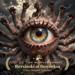 A giant menacing eye with many arms in the style of Bersinski