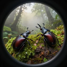 fisheye lens macro two rhino beetles in the jungle at dawn, volumetric light, foggy, intricate details, epic, dramatic lighting, hdr 4 k uhd