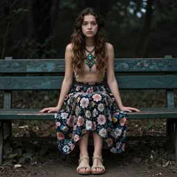 dslr photo of a pretty young woman, sitting on a bench wearing a flower skirt, and body and wearing hemp sandals and a very detailed faerie necklace around neck, artgerm, artstation, very high quality face, extremely high quality, moody lighting, real camera, real photo, photography by deviantart, 8 k, full subject in shot
