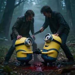 a guy with a knife killing a minion, fog, real life, mid night, blood, forest