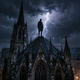 A mysterious Human Silhouette on top of the roof of a gothic cathedral in the style of Bloodborne, thunderstorm at night, digital art, 4k
