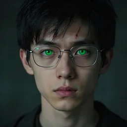boy, thin face, black hair, bright green eyes, glasses, thin scar on his forehead. movie still, 8 k, dark mysterious