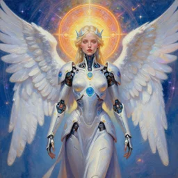 portrait of a seraphim angel from a neo solar punk future future metaverse cyborg tech techno angelic warrior by Mandy Jurgens, cartoon, oil painting , visionary art, symmetric, Heavenly symbols, holy halo, astral patterns, sci-fi