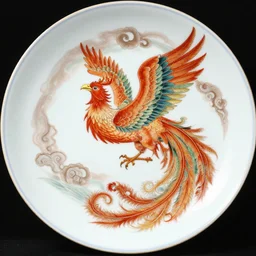 detailed beautiful illustration of a phoenix, on a china plate, porcelain