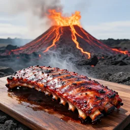 spareribs as big as buildings grilled over a volcano