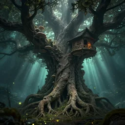 world tree, massive tree, tree, roots, treant, subtle patterns, intricate texture, highly detailed, alien world, fungal, underwater, light shafts, light diffusion, natural, fireflies, magical, magical tree, fungal growth, fractal fungus, mushroom fractals, tree house
