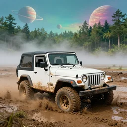 a muddy 1997 hardtop white Jeep Wrangler drowning in quicksand, digital art, beautiful iridescent fog swallows the dirty alien swamp, planets can be seen in the sky above, in front of an amazing forest, gritty, cinematic, extraordinary colorful landscape, photorealistic, soft vintage glow, trending on artstation, 4k, hd