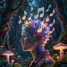 tokyo speirs with iridescent bioluminescent music notes growing out of his head, beautiful lighting, phosphorescent mushrooms, blooming forest. highly detailed fantasy, psychedelic portrait, rich colors, high contrast. artstation