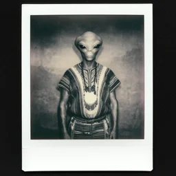 black and white old 1 9 3 0 s damaged polaroid photo of a real alien with indigenous guatemalan clothing