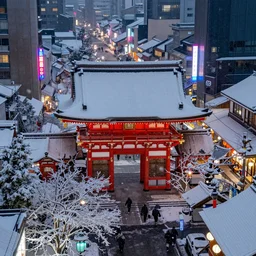 a Japanese shrine, snowing, photograph, cyberpunk, sharp focus, intricate detail, drone shot, high resolution, 8k, neon streetlights, wires hanging down everywhere, Japan, colourful,,