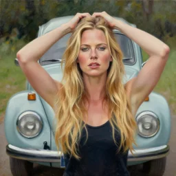 beautiful i charlize theron with long blonde hair locks holds over its head old volkswagen beetle, oil on canvas, naturalism