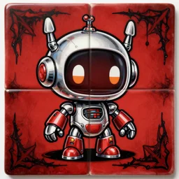 Chibi Cute Robot as a colorful fancy drawing on a Grimdark square macabre tile, red and chrome palette