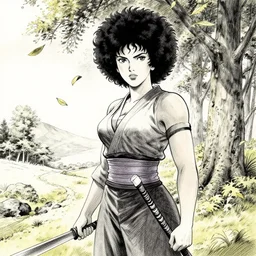 scarlett johansson as afro samurai in beautiful japanese landscape scene, leaves blowing off trees, manga style, pencil and ink