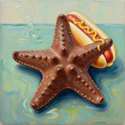 chocolate starfish and the hot dog flavored water, oil painting, modern, hyper realism, artstation, unreal engine, 4 k, ultra detail, ultra quality
