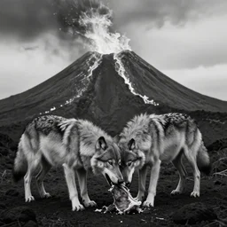 a wolf, she eating meat, in volcano, standing close to volcano, fire raining, professional photography, black and white, cinematic, eerie