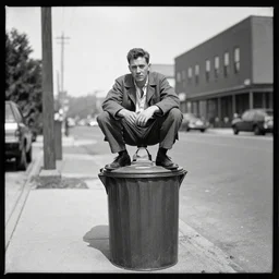a man sitting on top of a trash cans in year 1 9 5 5, a black and white photo by louis stettner, flickr contest winner, ashcan school, ilford hp 5, calotype, provia