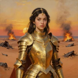 young dejah thoris on mars wearing detailed plate armor made of gold, portrait, after a smoky battle, gold jewelry, elegant small tiara, sand dunes to the horizon, burning wrecks, fantasy, painterly, sunset, oil painting on canvas, by sargent
