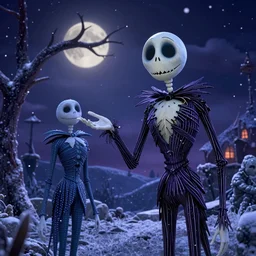 picture of jack skelton from nightmare before christmas + nighttime scene + snowy season