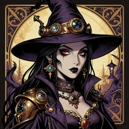 a detailed portrait illustration of a steampunk witch - necromancer. distinguished face. random gender. art nouveau, pop art, comic book style. influenced by neil gaiman, h. p. lovecraft, tim burton, brian froud, vadim voitekhovitch, killian eng, ross tran.