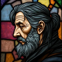 detailed side - view portrait of vesemir, a very old witcher, dark grey hair, half ponytail, small mustache, stained glass art, by alphonse mucha, masterful