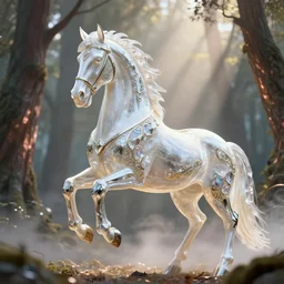 war horse, cinematic forest lighting, crystalline masterpiece incrustations, hyperdetailed metalwork, in volumetric soft glowing mist, elegant pose, white pearlescent, chrome, iridescent titanium, crystal, liquid gold, copper, bronze, movie still, octane render, unreal engine, crepuscular rays,