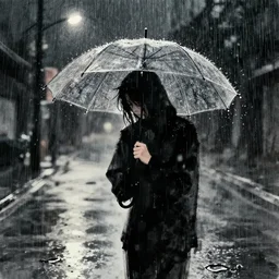 hopeless person under the rain in the night, ink brush
