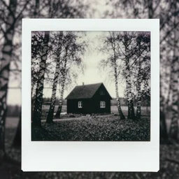 black strange house in the birch trees wood, monochrome, analogue photo quality, blur, unfocus, cinematic, polaroid, 35mm