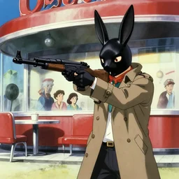 a man in a trench coat wearing a black rabbit mask in front of a diner shooting an uzi, film still from the an anime directed by Katsuhiro Otomo with art direction by Salvador Dalí, wide lens
