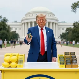 donald trump standing behind a lemonade stand, handing out free nuclear codes on the national mall.