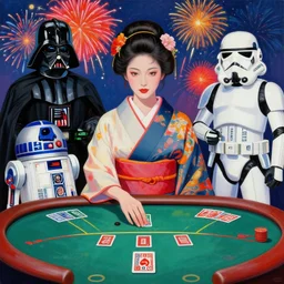 hyperrealism composition of the detailed woman in a japanese kimono sitting at an extremely detailed poker table with darth vader and stormtrooper, ( ( r 2 d 2 ) ), ( ( c 3 po ) ), fireworks on the background, pop - art style, jacky tsai style, andy warhol style, acrylic on canvas