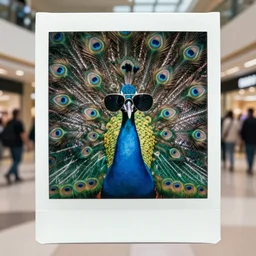 super awesome portrait colored polaroid film photograph of a peacock in a mall wearing aviator shades. super resolution. surreal. extremely detailed. polaroid 6 0 0 film. by annie leibovitz and richard avedon