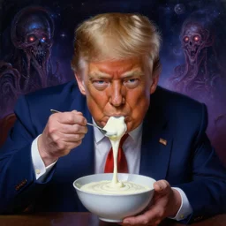 portrait of donald trump drinking white gravy out of a bowl, cosmic horror painting, elegant intricate digital painting artstation concept art by mark brooks and brad kunkle detailed