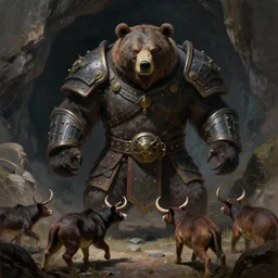 badass solitary armored bear warrior outside a cave about to fight poachers, fierce, giant, high fantasy, chiaroscuro, highly detailed, sharp focus, smooth, oil matte painting, vaporwave, concept art, hd