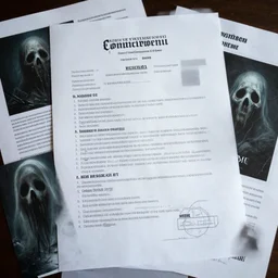 photograph of confidential documents with some terrifying information, disturbing images, ghosts, 4k, HDR